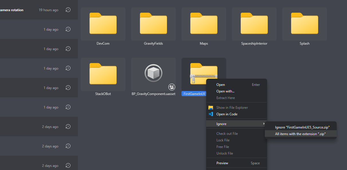 Right click on files to set them to be ignored